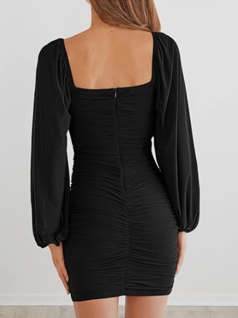 MEROKEETY Square Neck Lantern Long Sleeve Mesh Ruched Bodycon Clubwear Dress L - Picture 3 of 16